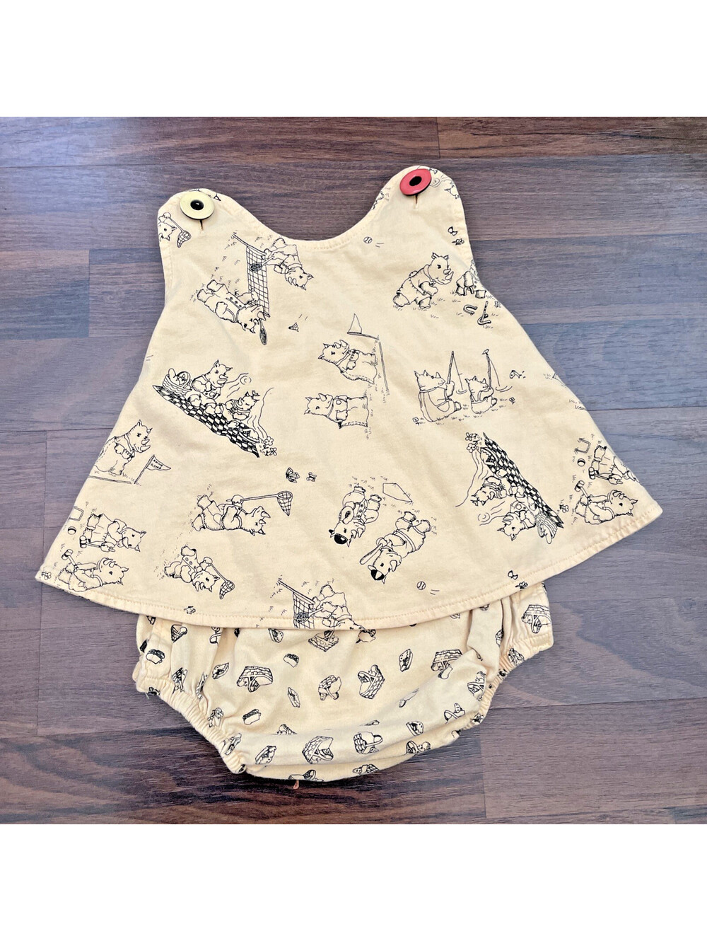 VTG Painting Red Rhinos Romper Baby 6M Yellow Whimsical USA Made Botton Snaps